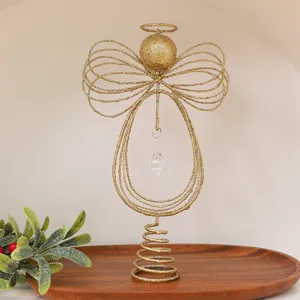 Elegant glittery golden iron wire angel Christmas tree topper with a crystal drop pendant