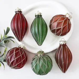 Elegant set of 6 painted Christmas ornaments in festive teardrop and ball shapes for holiday decor
