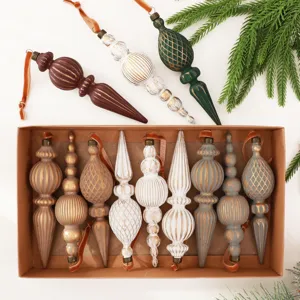 Detailed view of a vintage finial Christmas ornament set in box for holiday tree decoration