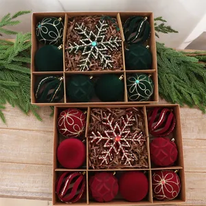 Flocked velvet Christmas ball ornaments set with glittery snowflake tree decorations