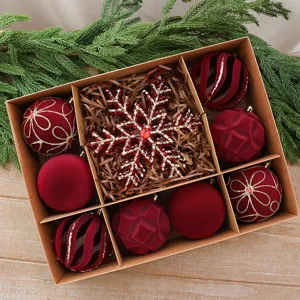 Premium velvet flocked burgundy Christmas ball ornament set with glitter snowflake in gift box