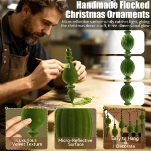 Handmade green flocked Christmas ornaments with luxurious velvet texture and finial shapes