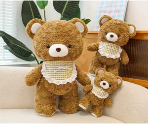 Cute mocha brown plush bear toy set with plaid lace bib, soft stuffed doll pillow gift.