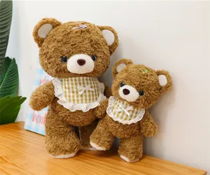 Cute brown plush bear doll couple set with plaid lace bib soft toy kids birthday gift