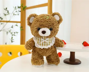 Brown plush teddy bear toy with cute checkered bib, soft stuffed animal doll for kids gift.