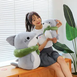 Cute shark plush toy with green scarf, soft stuffed animal doll pillow for kids girls room decor