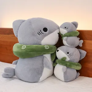 Cute gray shark plush toy set with green scarves, soft stuffed animal doll pillow for kids gift.
