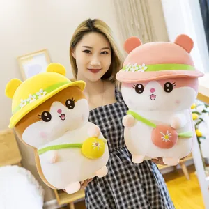 Mignon hamster d'été en peluche coussin avec chapeau et sac, jouet doux cadeau pour enfants filles.