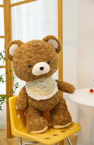 Mocha brown teddy bear plush toy with plaid bib, cute stuffed doll pillow for kids.