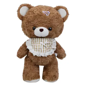 Cute mocha brown teddy bear plush toy with plaid bib, soft stuffed doll gift for kids.
