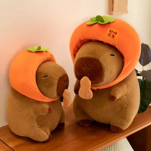Cute Capybara Plush Toy Stuffed Animal Soft Doll with Persimmon Hat Creative Birthday Gift