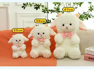 Detailed view of cute fluffy sheep plush toys in three sizes, soft stuffed animal doll.