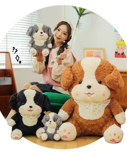 Cozy scene detail showing cute fluffy border collie plush toy with adorable scarf in room.