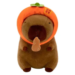 Cute capybara plush toy wearing a persimmon hat holding peanut, soft stuffed animal gift for kids.