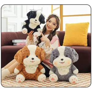Detailed scene view of cute plush border collie puppy dog toys, soft stuffed animal companion.