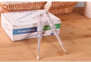 Cacciavite di prova elettrico trasparente con scatola per le riparazioni domestiche.