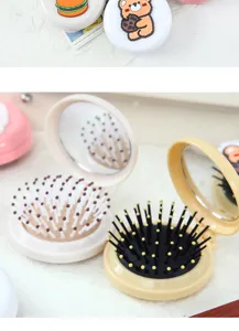 Portable folding air bag hair brush with built-in mirror, cute mini compact massage comb.
