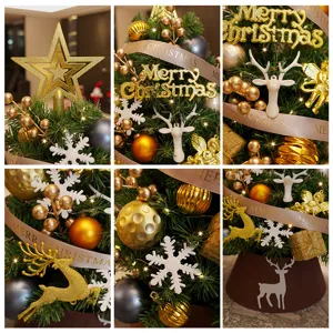 Set de árbol de Navidad de mesa DIY con adornos dorados y blancos y cinta festiva