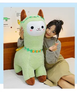 Large green alpaca plush toy cute stuffed animal pillow for kids and home decor detail view
