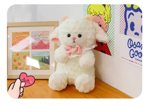 Cute white fluffy lamb plush toy with pink bow, soft stuffed animal doll gift for kids and girls.
