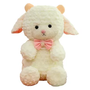 Cute fluffy sheep plush toy soft stuffed animal doll pink bow pillow for kids gifts