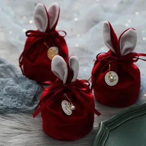Velvet Rabbit Ear Candy Gift Bag Wedding Party Favor Drawstring Pouch with Pearl Pendant and Bowknot Design for Packing