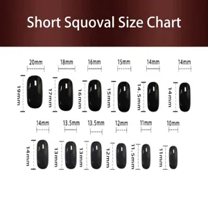 Detailed size chart and precise dimensions for short square press-on false nail tips.