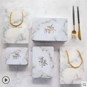Marble pattern wedding candy gift box set with tin boxes and paper bags for celebration events.