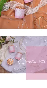 Pink canned tea gift packaging, elegant floral design for wedding party favors and events.