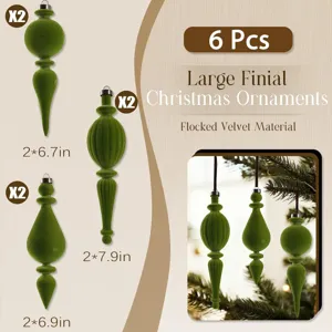 Set of 6 green flocked velvet Christmas finial ornaments with detailed size dimensions