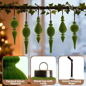 Detailed view showing material and cap of green flocked velvet Christmas ornaments