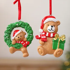 Resin Christmas bear ornaments set featuring wreath and gift box hanging decorations