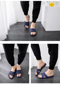 Dark blue anti-slip home slippers detail view, comfortable couple indoor slider shoes showcase