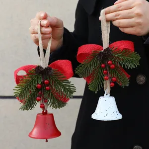 Nordic Minimalist Metal Christmas Bell Hanging Ornament With Red Burlap Bowknot Artificial Pine Needle Natural Pinecone For Christmas Tree Decor Home Party Wall Pendant New Year Gift