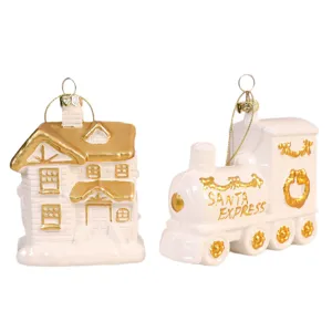 Élégantes décorations de Noël en céramique blanc et or en forme de maison et train