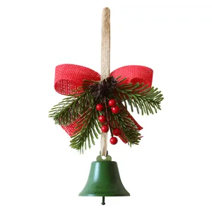 Festive Nordic style Christmas tree pendant featuring a green metal bell and red bow ornament