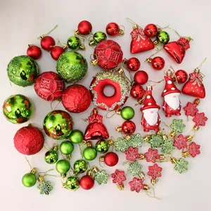 Set ornamenti albero di Natale rosso e verde con palline, gnomi e fiocchi di neve