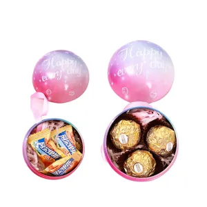 Creative spherical tin gift box for wedding candy and chocolate, gradient pink blue design.