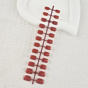 Short square press-on nail tips set solid red brown color fake nail runners for manicure.