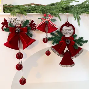Gevlokte Kerstklokken Hangende Ornamenten Rode Strik Glitter Letter Decoratieve Hanger Voor Thuis Kerstboom Scène Decoratie