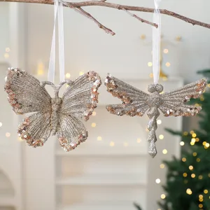 Champagne Goud Kerst Ornamenten Glitter Pailletten Rendier Sneeuwvlok Engel Pompoen Koets Hangende Decoratie Voor Kerstboom Feest Thuis