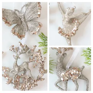 Champagne gouden glitter kerstornamenten in vlinder ballerina en rendier vormen