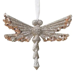 Champagnegouden libel kersthanger versierd met glitter en lovertjes om op te hangen