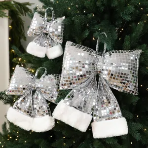Large Medium Small Christmas Tree Bow Hanging Ornament Mirror Sequins Bowknot Holiday Home Party Decoration