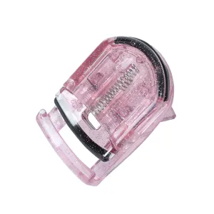 Rizador de pestañas portátil de plástico rosa con purpurina para maquillaje de ojos.