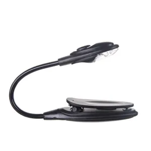 Draagbare mini LED leeslamp met flexibele zwanenhals en handige klemvoet voor boeken.