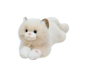Close-up details of the fluffy plush ragdoll cat toy, showing soft fur and cute pink paws.