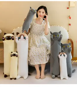 Cute cat plush pillow, long stuffed animal doll, soft home decor gift for kids and girls.