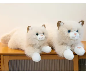 Detailed view of cute simulated ragdoll cat plush toys, lying pose, soft and fluffy fur.
