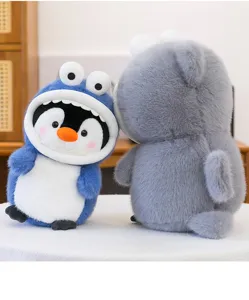 Detailed view of the cute shark-transformed penguin plush toy, featuring soft fur and fun design.